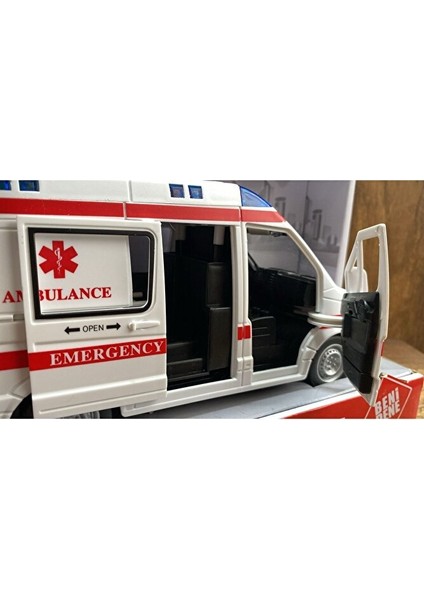 Oyuncak Ambulans Sesli Işıklı Büyük Ön Kapı ve Yan Kapısı Açılır Oyuncak Ambulans Araba 1:16 indirimleri