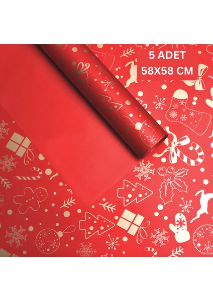 Yılbaşı Tasarımlı Çiçek Ambalaj Kağıdı, Hediye Paketleme Kağıdı, Kırmızı, 5 Adet - 58X58 cm