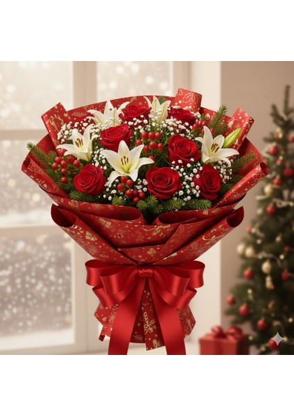 Yılbaşı Tasarımlı Çiçek Ambalaj Kağıdı, Hediye Paketleme Kağıdı, Kırmızı, 5 Adet - 58X58 cm fiyatları