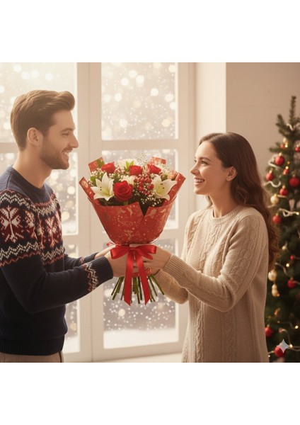 Yılbaşı Tasarımlı Çiçek Ambalaj Kağıdı, Hediye Paketleme Kağıdı, Kırmızı, 5 Adet - 58X58 cm modelleri