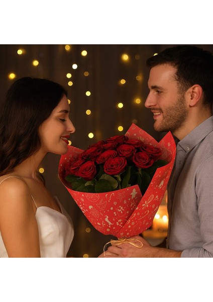 Yılbaşı Tasarımlı Çiçek Ambalaj Kağıdı, Hediye Paketleme Kağıdı, Kırmızı, 5 Adet - 58X58 cm indirimleri