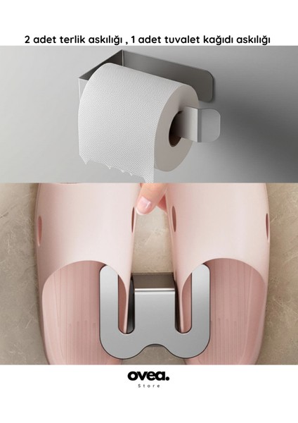 Paslanmaz Terlik ve Tuvalet Kağıdı Askılığı Seti, Gri, Yapışkanlı, 4 Parça