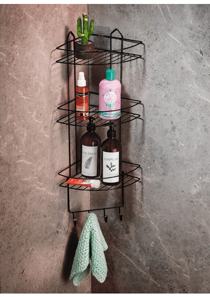 Siyah Paslanmaz Yapışkanlı Çok Katlı Duş Köşeliği, Şampuanlık ve Düzenleyici