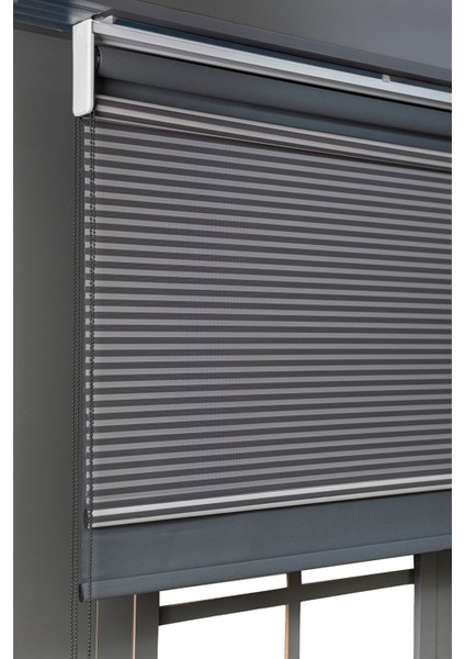 Bizden Perde Çift Mekanizmalı Antrasit Jaluzi Görünümlü Tül ve Stor Güneşlik Perdeler fiyatları