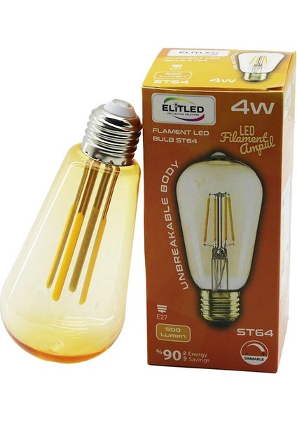 Elitled St-64 4W - E27 Gold Color Flament LED Rustik Ampul 500LUMEN Kırılmaz Gövde (5047)