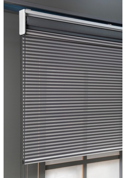 Bizden Perde Çift Mekanizmalı Antrasit Jaluzi Görünümlü Tül ve Stor Güneşlik Perdeler modelleri