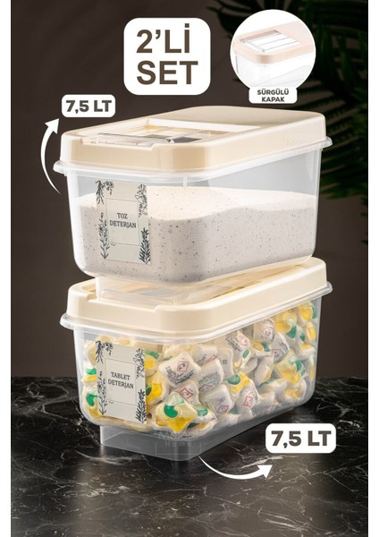 2'li 7,5 Lt Kayar Kapaklı Deterjan Saklama Kabı, Krem Yeşil Mavi Renkli