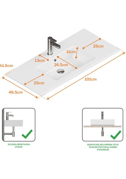 Sistema T-Flat Slim Ince Formlu Lavabo 101 x 46,5 cm Beyaz fırsatları