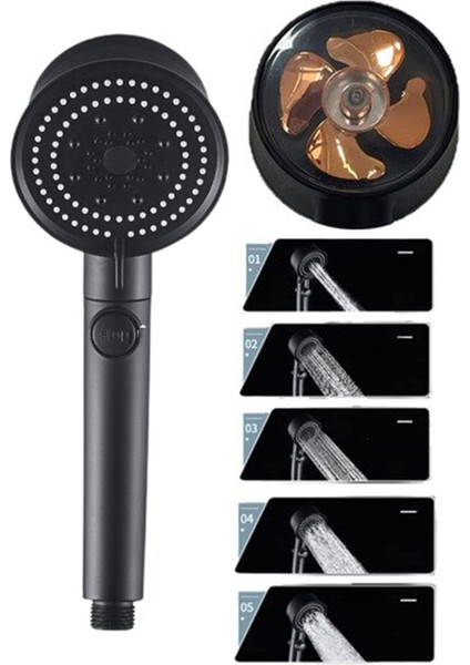 Siyah Turbo Fan Su Tasarruflu Yüksek Basınçlı Duş Başlığı, Çok Renkli