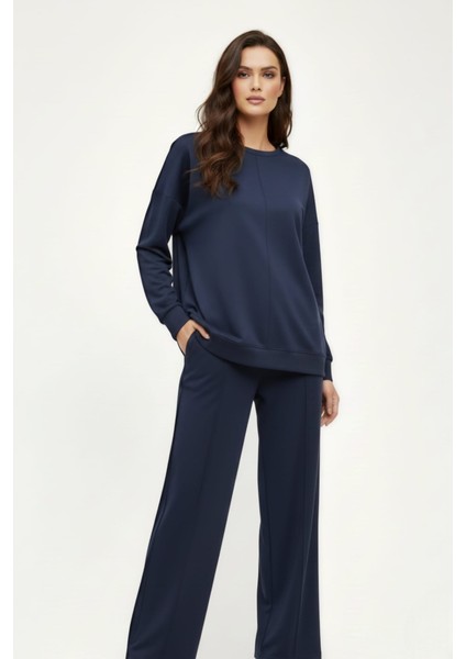 Kadın Şık Rahat Bisiklet Yaka Çımalı Ikili Takım