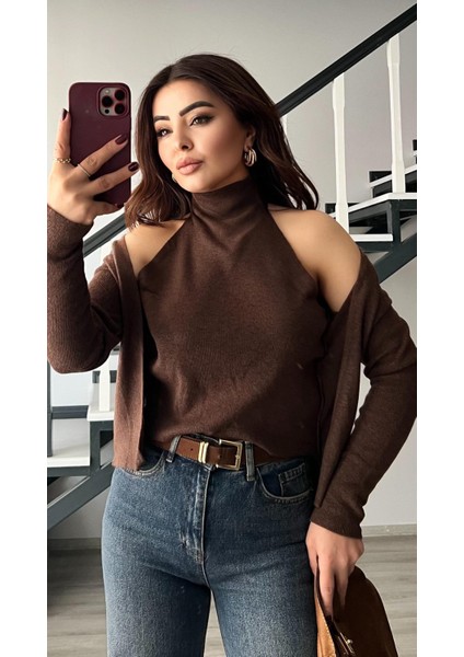 Acı Kahve Kendinden Balıkçı Yaka Detaylı Triko Hırka