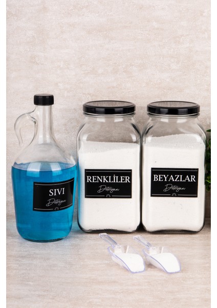 3'lü Sıvı Deterjanlık Set, Ölçekli, Renkli ve Beyaz, Cam Kavanoz ve Şişe, 3000ML ve 1500ML