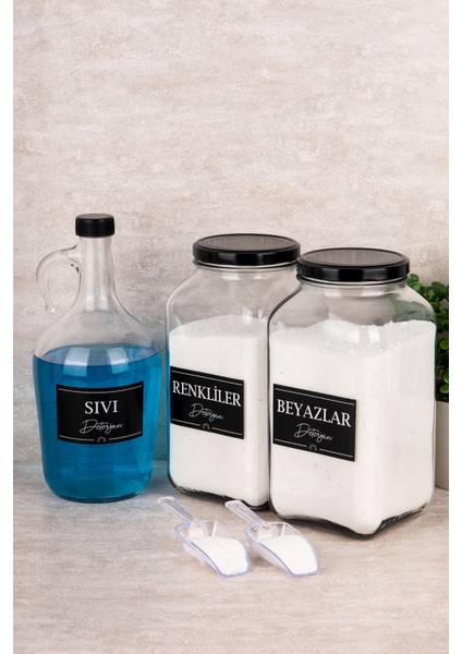 3'lü Sıvı Deterjanlık Set, Ölçekli, Renkli ve Beyaz, Cam Kavanoz ve Şişe, 3000ML ve 1500ML