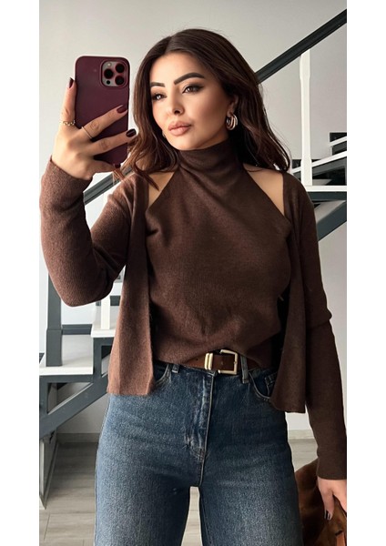 Acı Kahve Kendinden Balıkçı Yaka Detaylı Triko Hırka modelleri