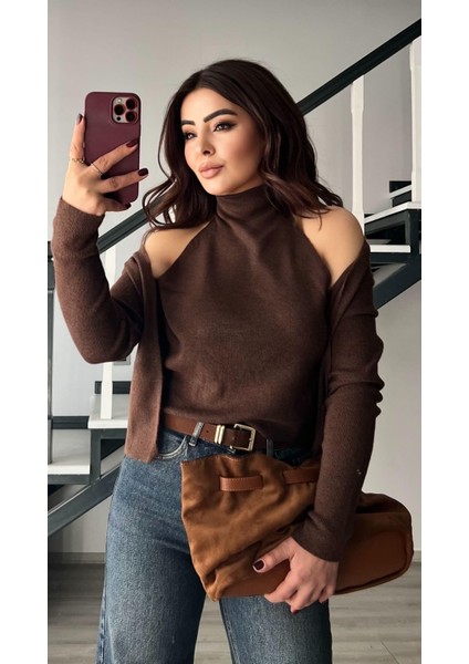 Acı Kahve Kendinden Balıkçı Yaka Detaylı Triko Hırka indirimleri