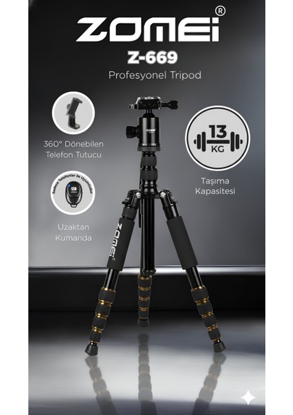 Z669 Magnezyum-Alüminyum Alaşımlı Tripod/monopod- Telefon Tutucu-Çanta ve Bluetooth Kumanda Ile