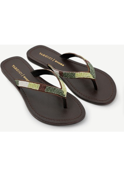 Boncuk Işlemeli Parmak Arası Deri Terlik