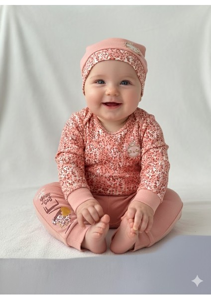 Erkek-Kız Bebek Omuz Genişletmeli Çıtçıtlı Body Pijama Bere Takımı, %100 Pamuk , 3-6-9 Ay