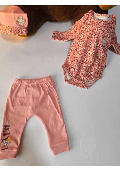 Erkek-Kız Bebek Omuz Genişletmeli Çıtçıtlı Body Pijama Bere Takımı, %100 Pamuk , 3-6-9 Ay