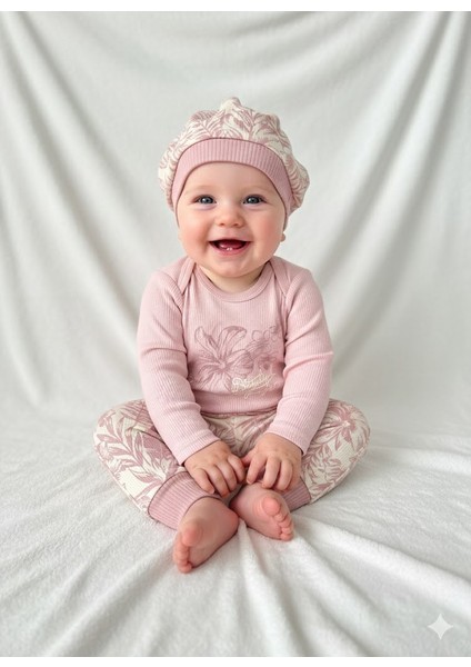 Erkek-Kız Bebek Omuz Genişletmeli Çıtçıtlı Body Pijama Bere Takımı, %100 Pamuk , 3-6-9 Ay