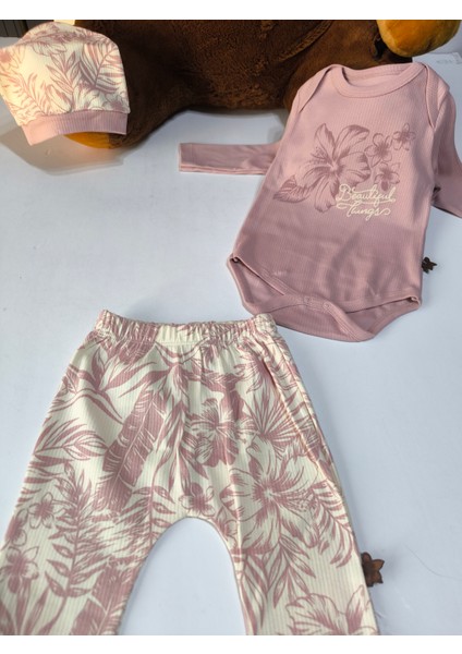 Erkek-Kız Bebek Omuz Genişletmeli Çıtçıtlı Body Pijama Bere Takımı, %100 Pamuk , 3-6-9 Ay