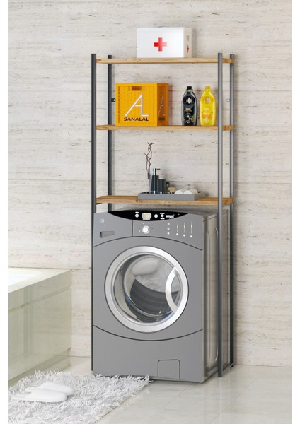 Kahverengi Çamaşır Makinesi Üstü Düzenleyici Raf Banyo Dolabı