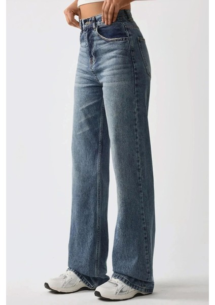 Kadın Orta Bel Straight Leg Denim Pantolon Orta Mavi Denim