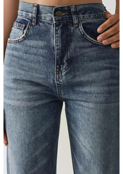Kadın Orta Bel Straight Leg Denim Pantolon Orta Mavi Denim modelleri
