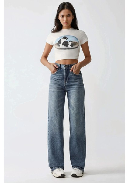 Kadın Orta Bel Straight Leg Denim Pantolon Orta Mavi Denim fırsatları