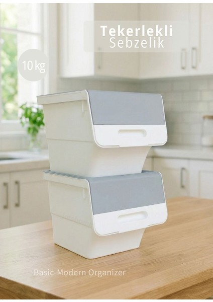 2’li Gri Tekerlekli Sebzelik Patates Soğan Sepeti Modern Organizer Patateslik Basic Soğanlık 24 L