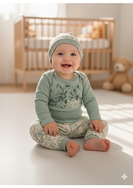 Erkek-Kız Bebek Omuz Genişletmeli Çıtçıtlı Body Pijama Bere Takımı, %100 Pamuk , 3-6-9 Ay