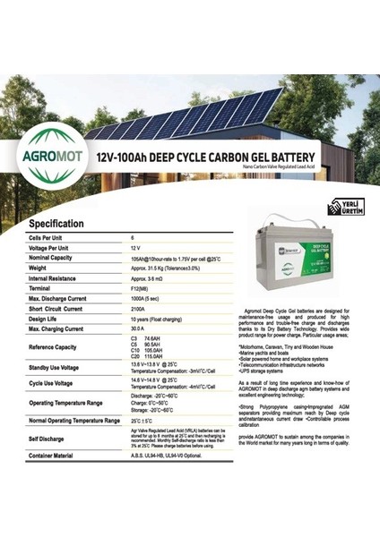 12V 100 Ah Carbon Jel Solar Akü Ebatlar: 330X171X214MM Yerli Üretim modelleri