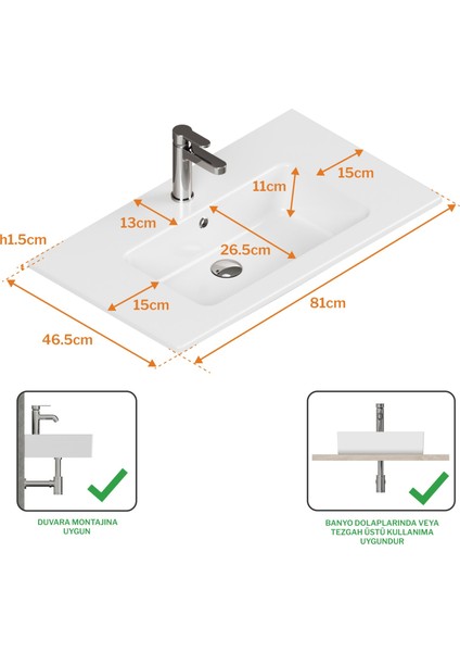 Sistema T-Flat Slim Ince Formlu Lavabo 81 x 46,5 cm Beyaz fırsatları