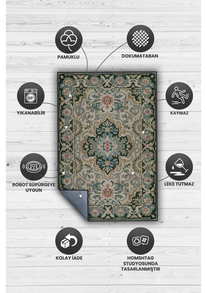 Iran Halısı Tarzı Makinede Yıkanabilir Vintage Halı, Yeşil Mavi Halı, Şönil Halı modelleri