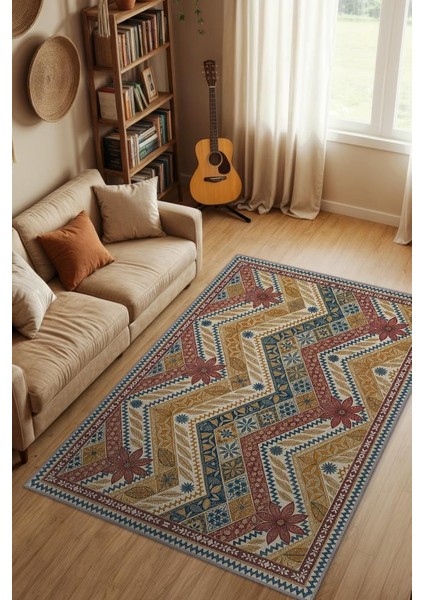 Çiçekli Mozaik Desenli Canlı Renkli Vintage Salon Halısı, Modern Yorumlu Rustik Halı