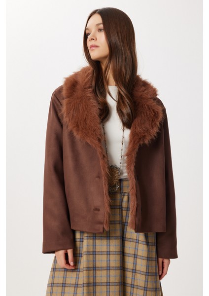 Kürk Yakalı Suni Süet Ceket LFN0138 Kahverengi