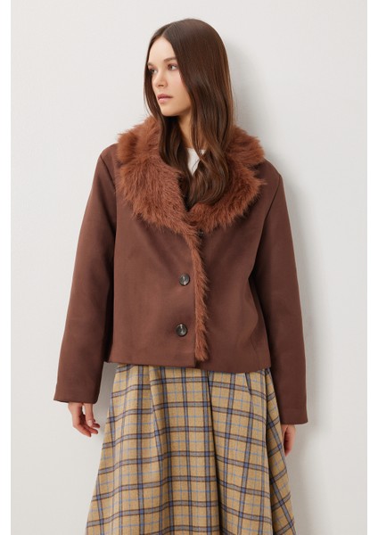 Kürk Yakalı Suni Süet Ceket LFN0138 Kahverengi fiyatları
