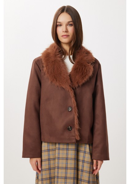 Kürk Yakalı Suni Süet Ceket LFN0138 Kahverengi fırsatları