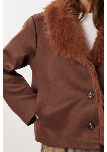 Kürk Yakalı Suni Süet Ceket LFN0138 Kahverengi indirimleri