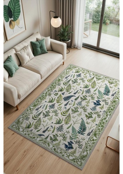 Aşk Merdiveni Desenli Krem ve Yeşil Halı, Bordürlü Kır Evi Halısı