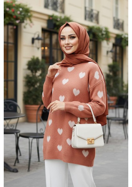 Kalp Desenli Somon Tesettür Triko Kazak Tunik 8688SMN