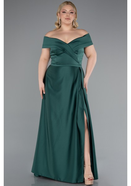 Kayık Yaka Uzun Saten Büyük Beden Abiye ABU2355