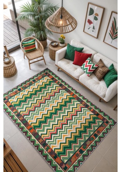 Zikzak Desenli Çok Renkli Salon Halısı, Yeşil Kırmızı Sarı Halı, Yıkanabilir Dokuma Pamuk Tabanlı Kaymaz Tabanlı Halı