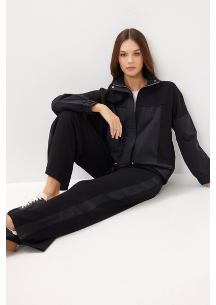 Dik Yaka Paraşüt Garnili Modal Takım LBY0028 Siyah