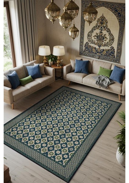 Osmanlı Çini Desenli Oturma Odası Halısı, Yeşil Mavi Lacivert Halı, Minimal Ev Dekoru, Yıkanabilir Dokuma Pamuk Tabanlı Halı