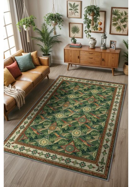 Kaz Figürlü Sarmaşık Desenli Oturma Odası Halısı, Yeşil Orman Desenli Klasik Bordürlü Maksimalist Halı