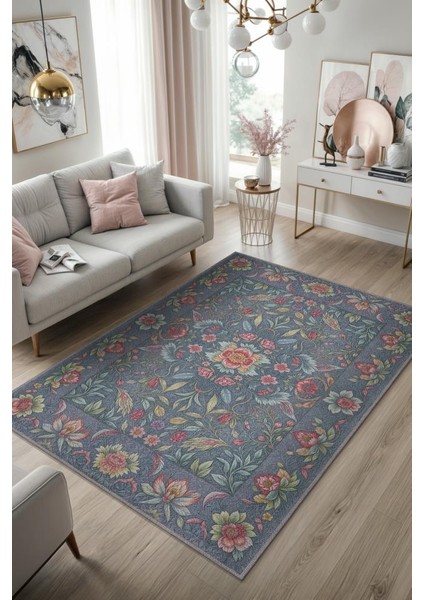 Vintage Tarz Art Nouveau Çiçek Desenli Halı, Kırmızı Mavi Halı, Maksimalist Ev Dekoru, Yıkanabilir Dokuma Pamuk Tabanlı Kaymaz Tabanlı Halı