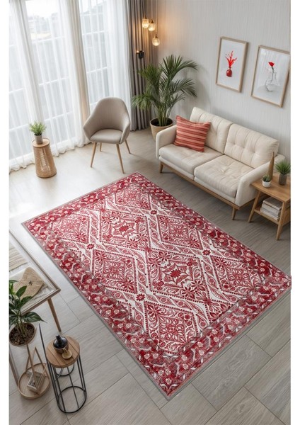 Osmanlı Sanatı Desenli Kırmızı Antik Halı, Geleneksel Bordürlü Yıkanabilir Salon Halısı