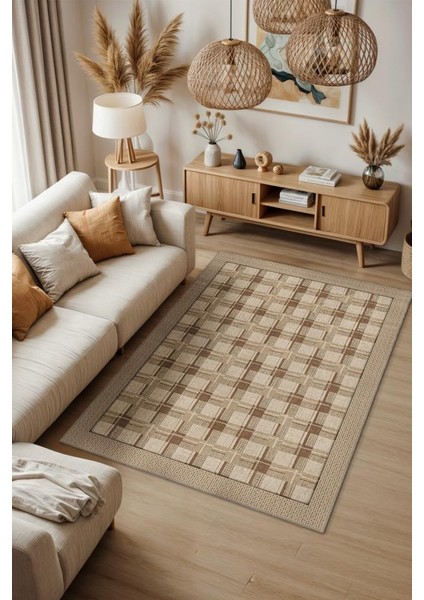 Ekose Desenli Hasır Renkli Oturma Odası Halısı, Iskoç Etnik Desenli Salon Halısı, Fındık Renkli Yıkanabilir Kareli Halı