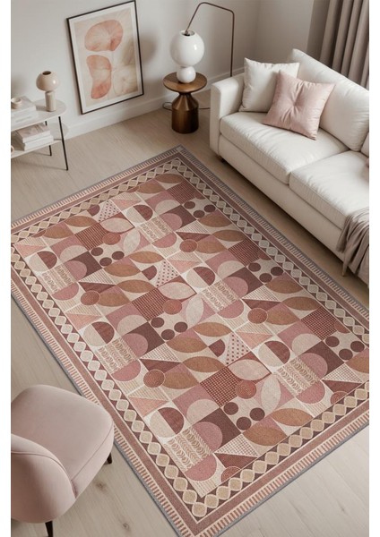 Modern Tarz Geometrik Desenli Halı, Soluk Pembe Mid-Century Halı, Minimal Ev Dekoru Için Yıkanabilir Halı